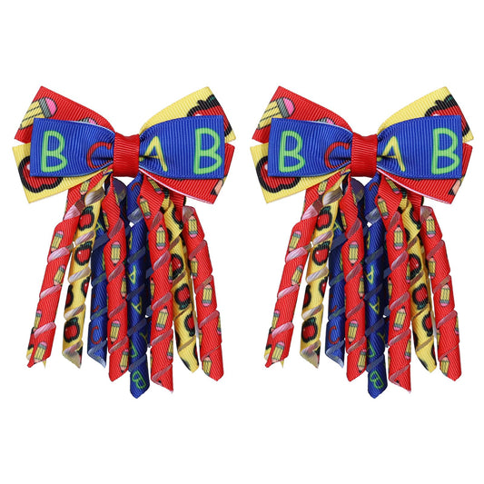 Back to School Hair Bow Clips 3 Inch Handmade Curly Ribbon Hairpins Boutique Lovely School Hair Accessories for Kids Girls, Red&Blue&Yellow