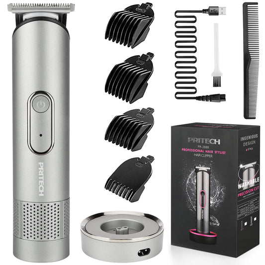 PRITECH Beard Trimmer for Men - Rechargeable Men's Electric Trimmer & Razor, Cordless Body Groomer for Face, Neck, Groin & Manscaping, Includes Standing Charging Dock, Ideal Gift for Men, Gray