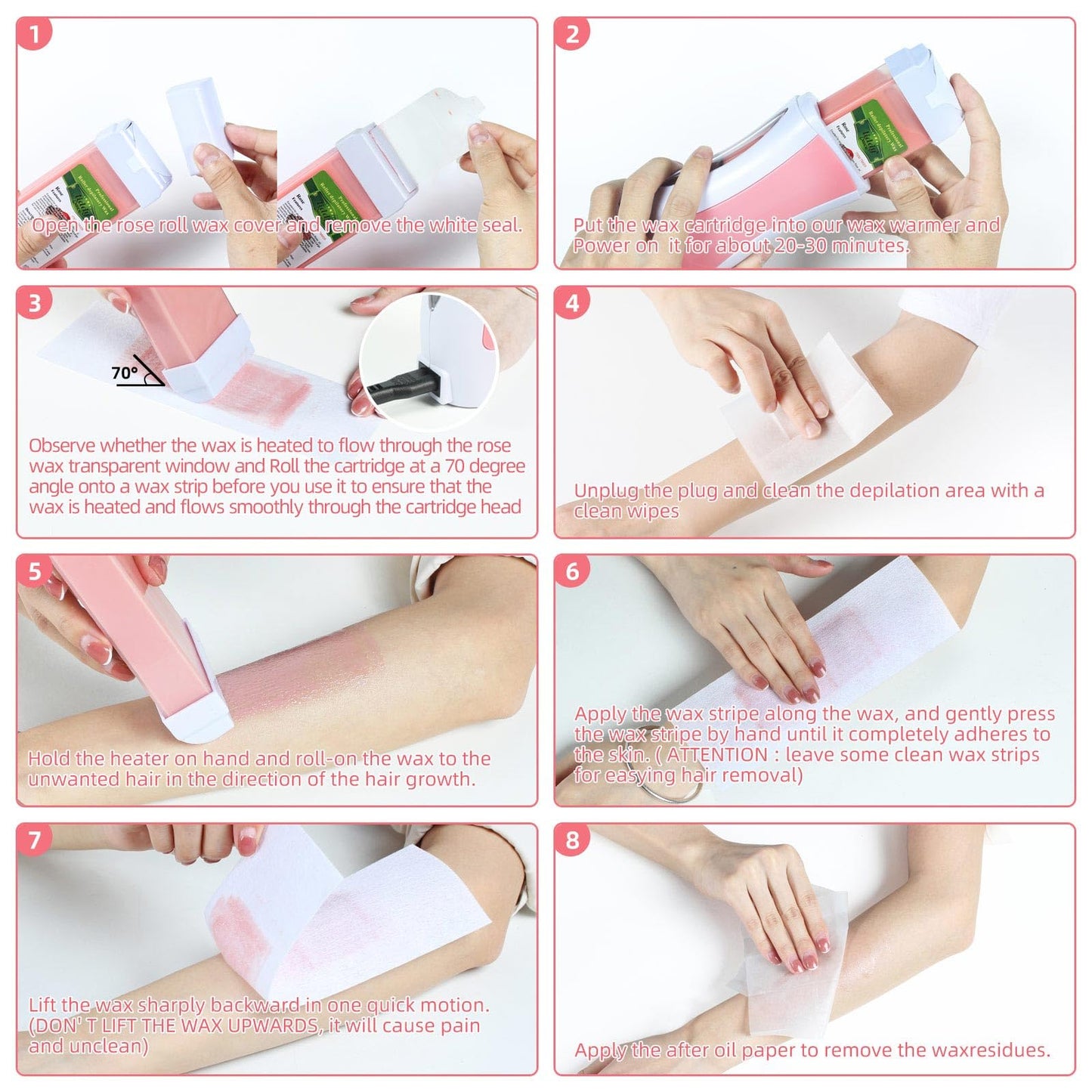 Roll on Waxing Kit for Women and Men - Sensitive Skin Wax Roller With Paper, Warmer, Rose Soft Wax, Pre and After-wax Treatment