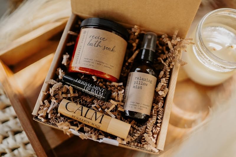 Relaxing Spa Gift Set - Pillow Spray, Mint Lip Balm, Calming Oil Roller & Epsom Salt Bath Soak