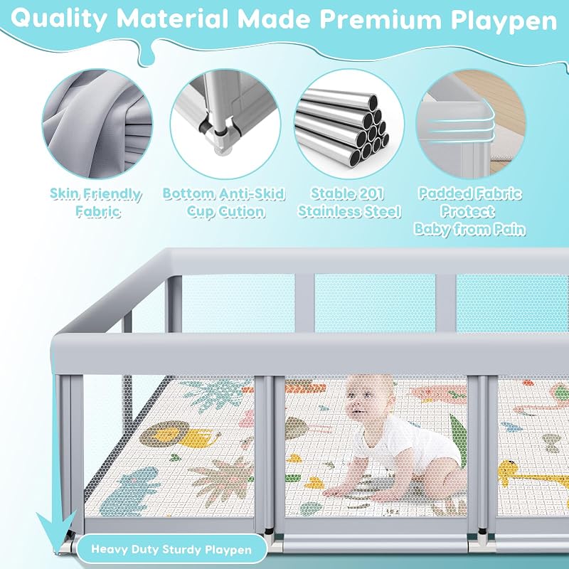 Fshibila 74 x 50 Inch Baby Playpen with Mat, Large Indoor/Outdoor Play Yard, Breathable Mesh Safety Fence, Grey