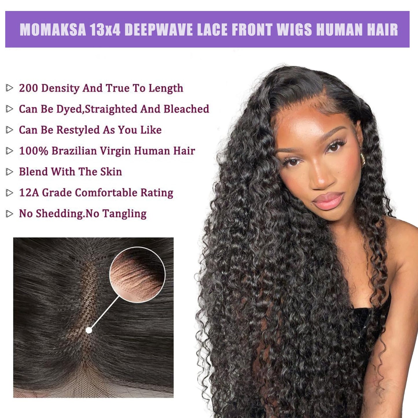 Momaksa Deep Wave Lace Front Wigs Human Hair 13x4 HD Transparent Human Hair Lace Front Wigs for Women 200 Density Wet and Wave Lace Frontal Wigs 24 Inch Curly Lace Frontal Wig with Baby Hair