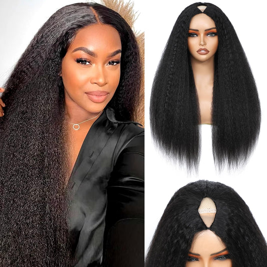V Part Wig Human Hair Kinky Straight Human Hair Wigs Upgrade U Part Human Hair Wig for Women No Leave Out No Sew In 200% Density Natural Color 28 Inch