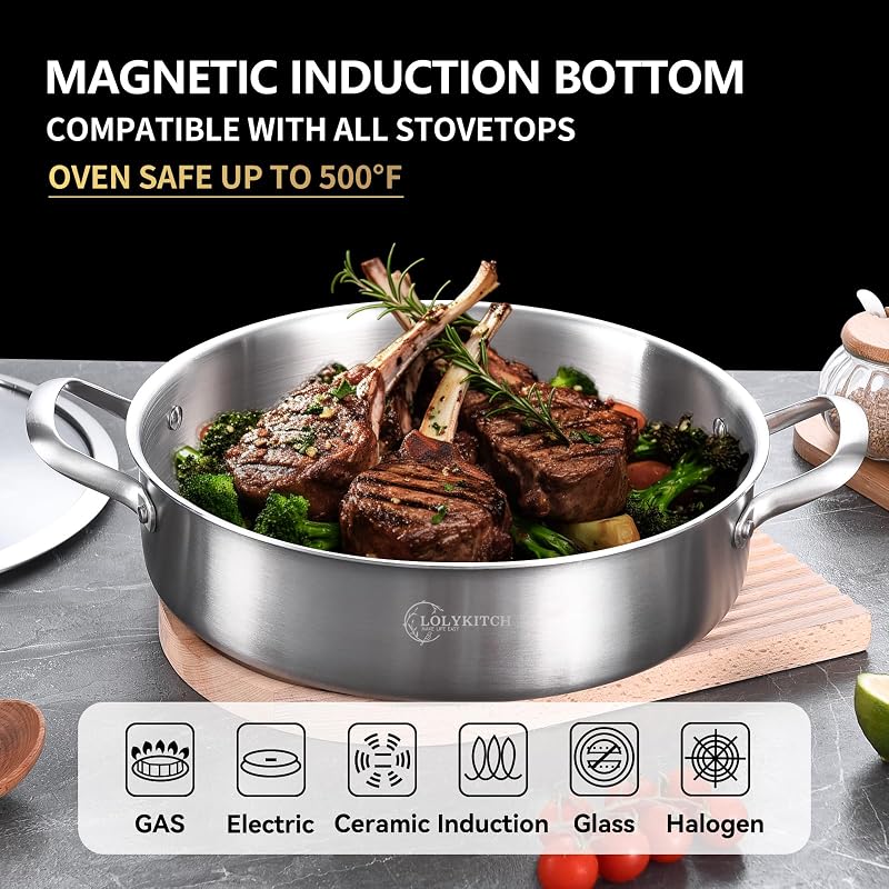 LollyKitch 8-Quart Stainless Steel Sauté Pan with Lid Tri-Ply 13 Inch - Induction Safe