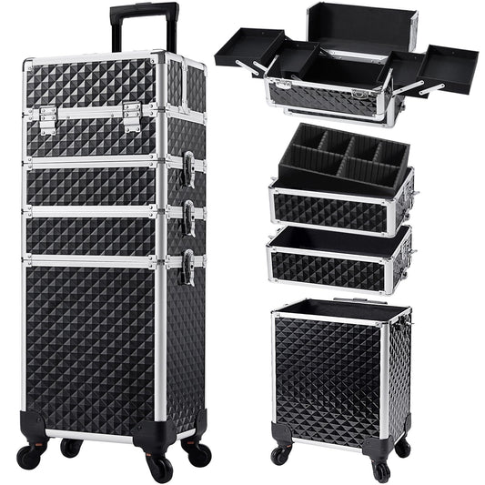 Stagiant Rolling Makeup Case Cosmetology Case on Wheels 4 in 1 Large Cosmetic Organizer Train Case Makeup Travel Case with Key Swivel Wheels Nail Artist Salon Storage Traveling Cart Trunk Black