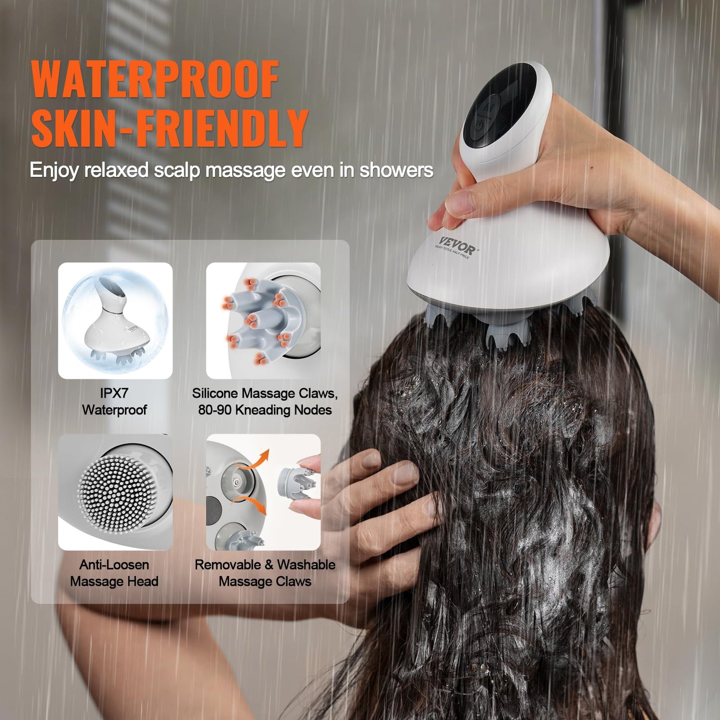 VEVOR Electric Cordless Hair Scalp Massager with Kneading 484 Massage Nodes, Handheld Portable Head Scratcher Massager for Deep Clean and Stress Relax, Gifts for Men Dad