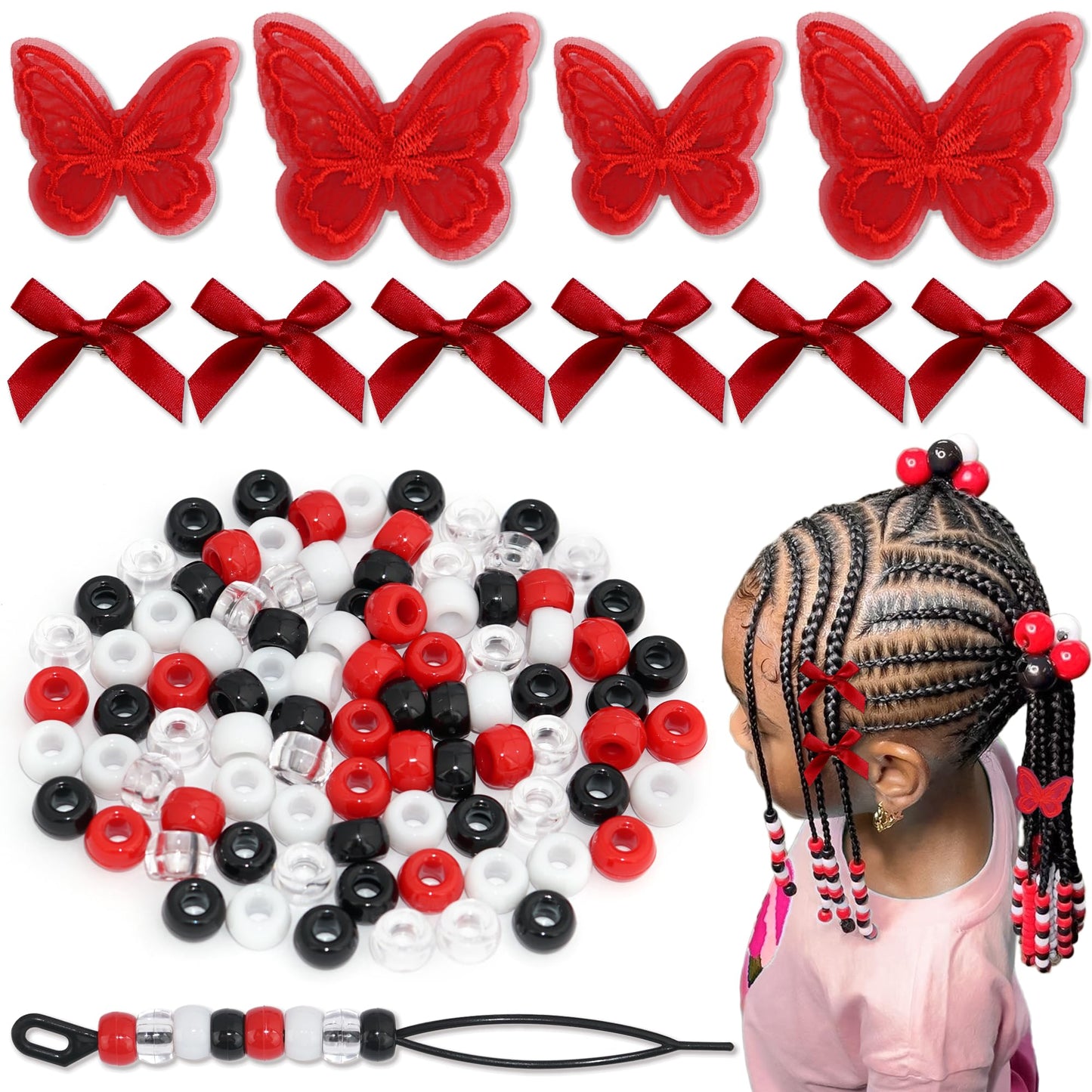 Arocooy 100PCS Hair Beads for Braids Coquette Red Bow Hair Clips Embroidery Butterfly Hair Clips Black Loc Dreadlock Beads Cute Hair Decoration for Girls Women