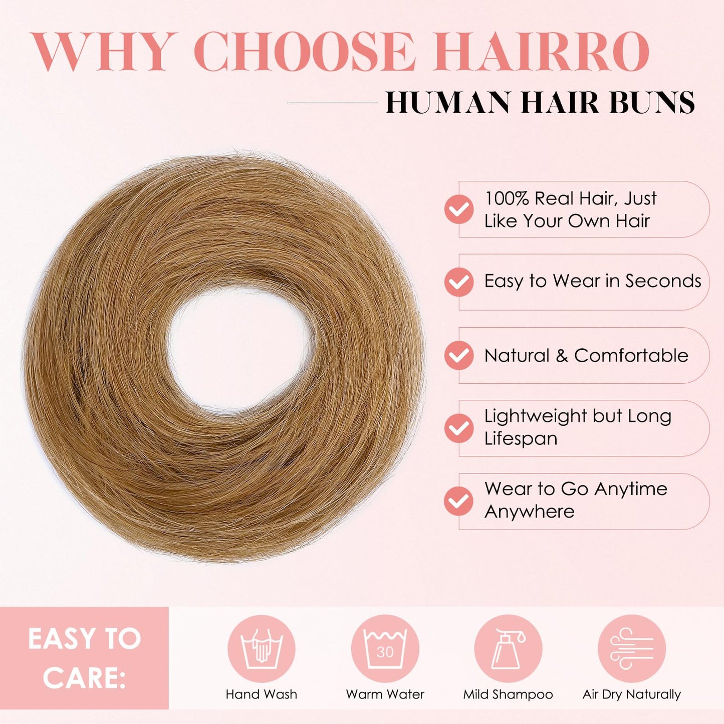 Hairro Human Hair Messy Bun, 100% Real Ponytail Hair Scrunchies, Natural Curly Chignon Fluffy Donut Updo, Hairpiece with Elastic Rubber Band for Women, 1 Count Golden Brown Straight