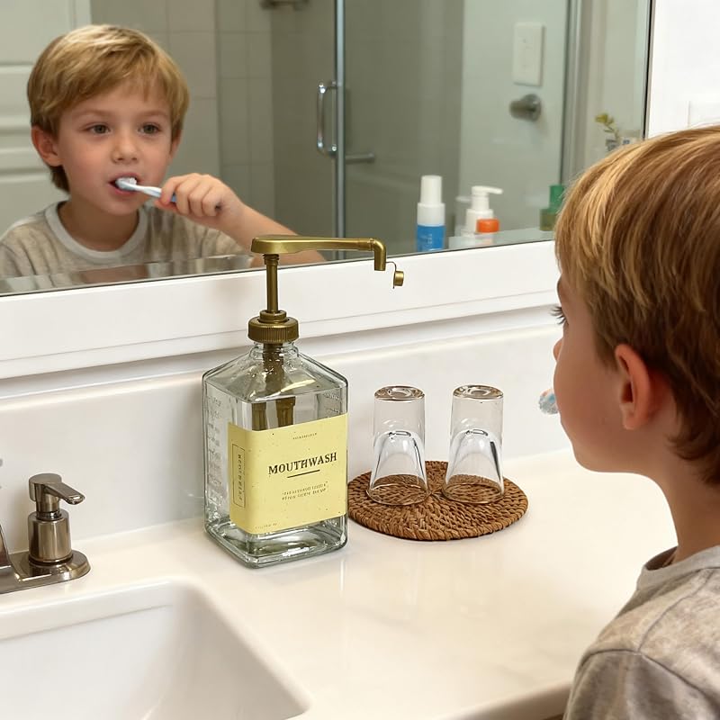 Gold 37oz Glass Mouthwash Dispenser Set with Pump & Cups - Variation: Gold