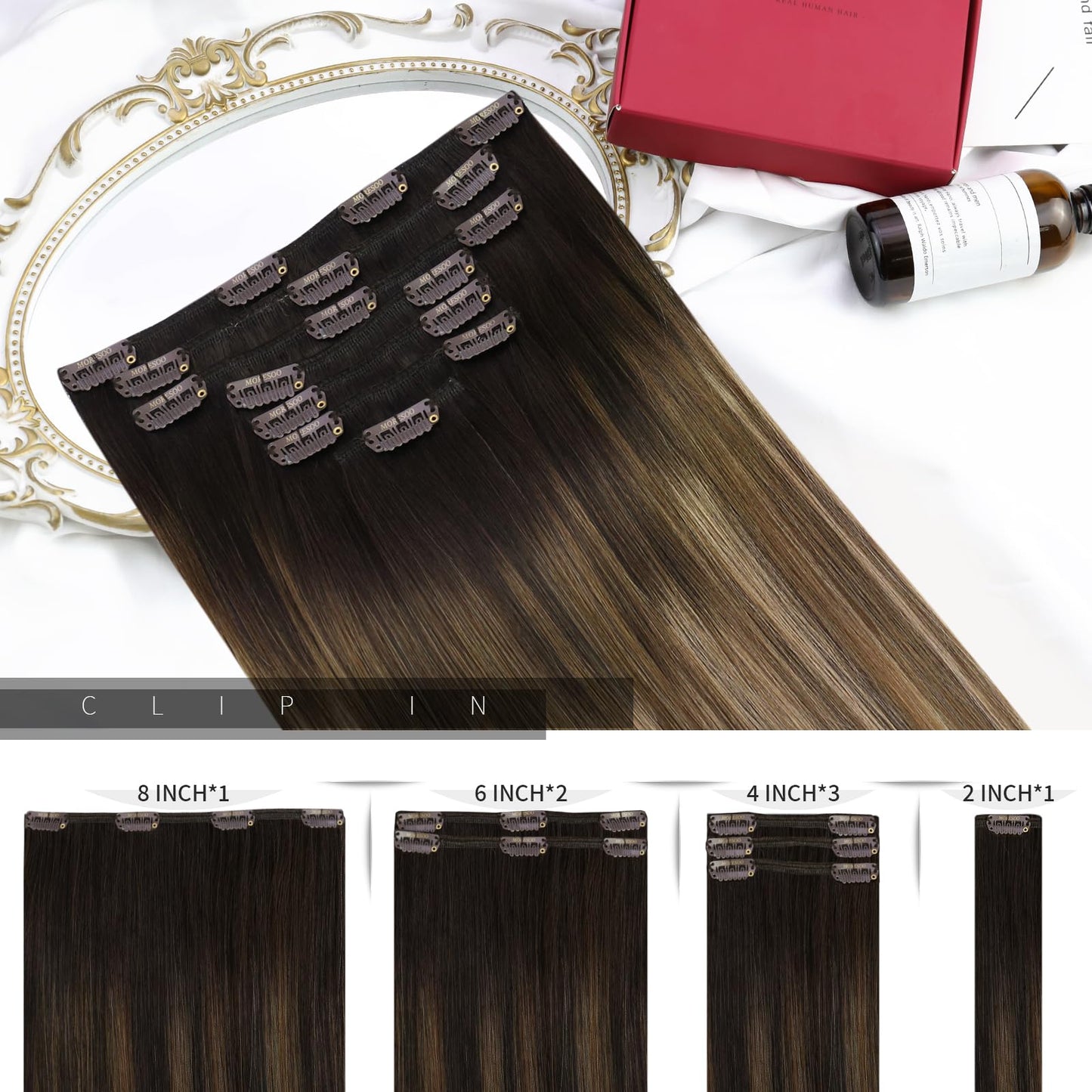 Moresoo Clip in Hair Extensions Real Human Hair Balayage Human Hair Clip in Extensions Ombre Dark Brown to Golden Brown with Dark Ash Blonde Hair Extensions for Women 7Pcs 120G 18inch