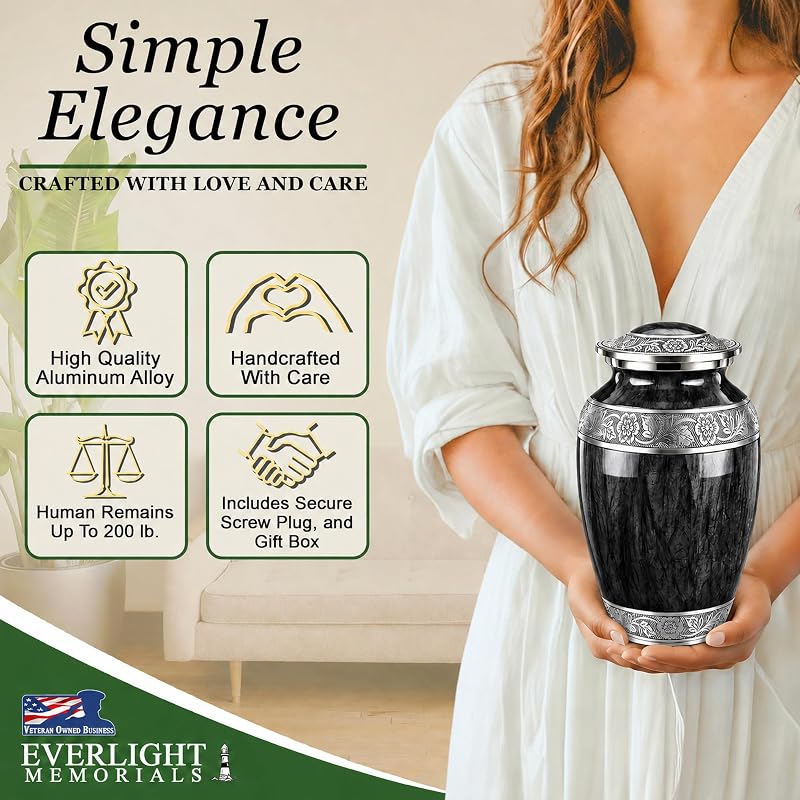 Wc Black Large Aluminum Urn for Adults – Watercolor Finish with Velvet Bag (Variation: Wc Black+Large)