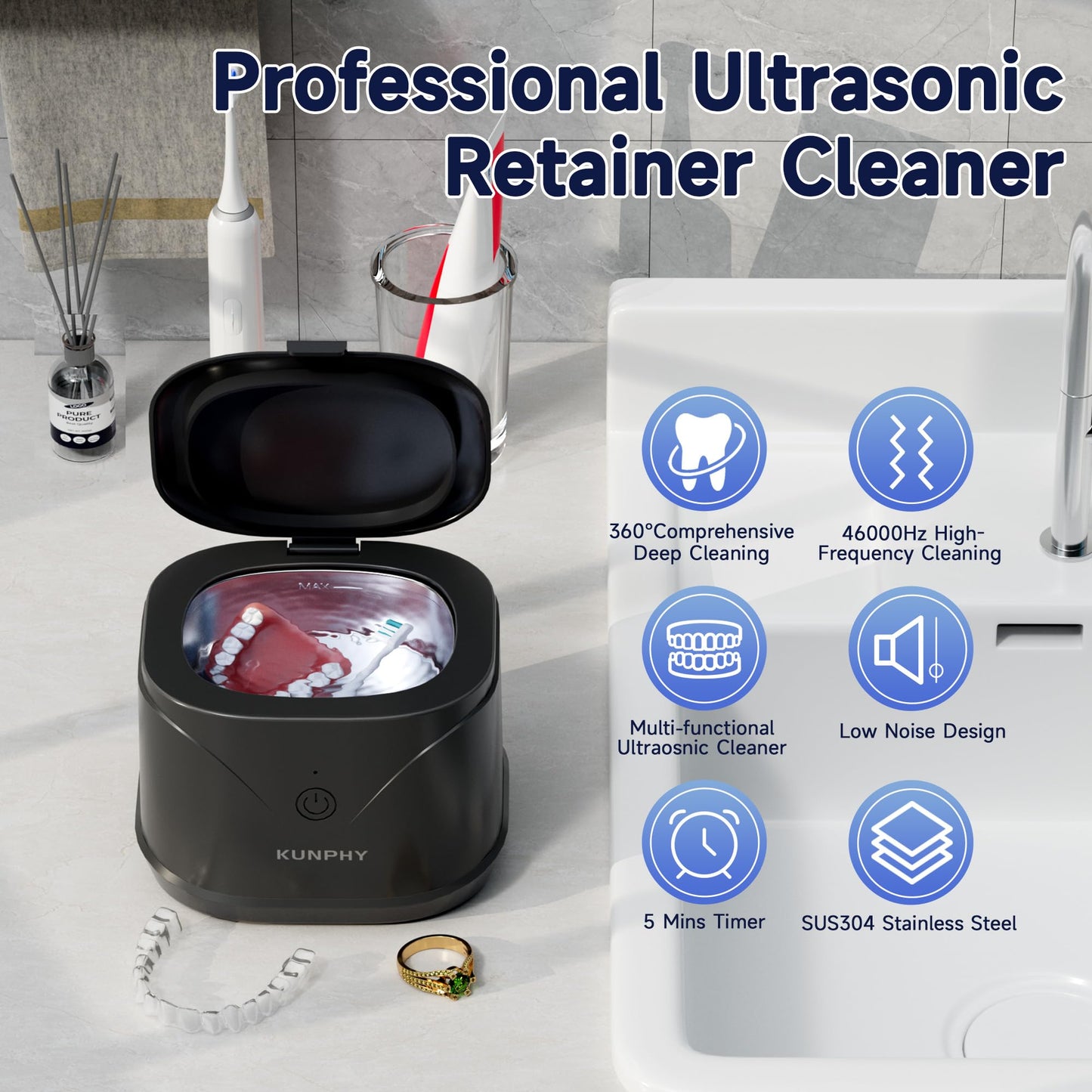 Ultrasonic Retainer Cleaner, KUNPHY 46KHz Professional Ultrasonic Cleaner 7.5Oz, Retainer Cleaner Machine for Dentures, Braces, Aligner, Dental Appliances (Black)