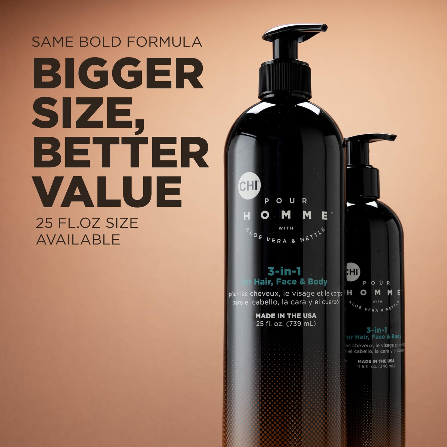 CHI Pour Homme 3-in-1 Cleansing & Moisturizing Hair, Face & Body Wash, Made With Aloe Vera & Nettle, Fresh, Woody Scent, Sulfate-Free, 11.5 oz