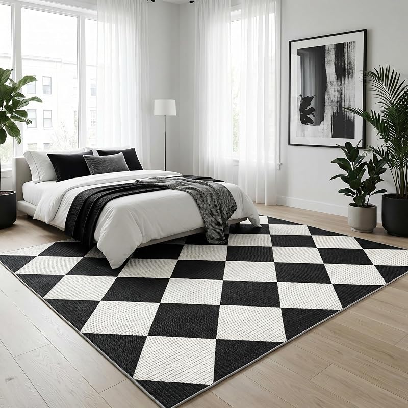 5' x 7' Black & White Checkered Area Rug - washable, non-slip backing