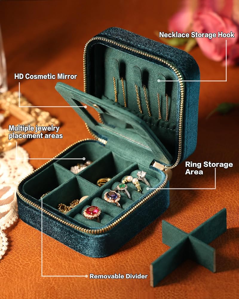Velvet Jewelry Box Travel Organizer with Mirror - Light Blue, Adjustable Compartments