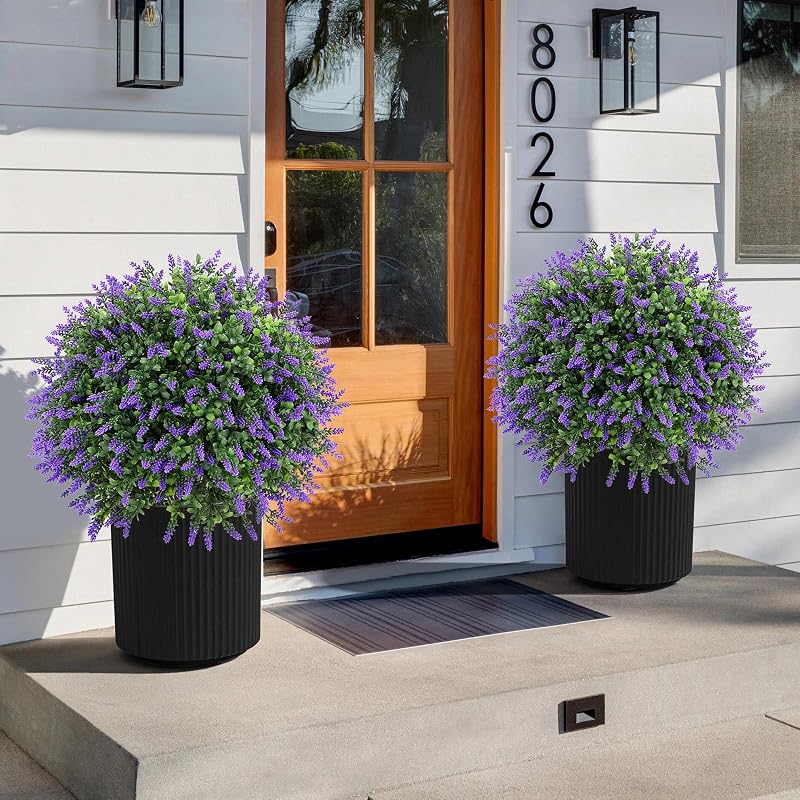 Lavender Topiary Ball Tree with Ground Spike – 25" Artificial Plant, Set of 2 (Variation: Lavender)