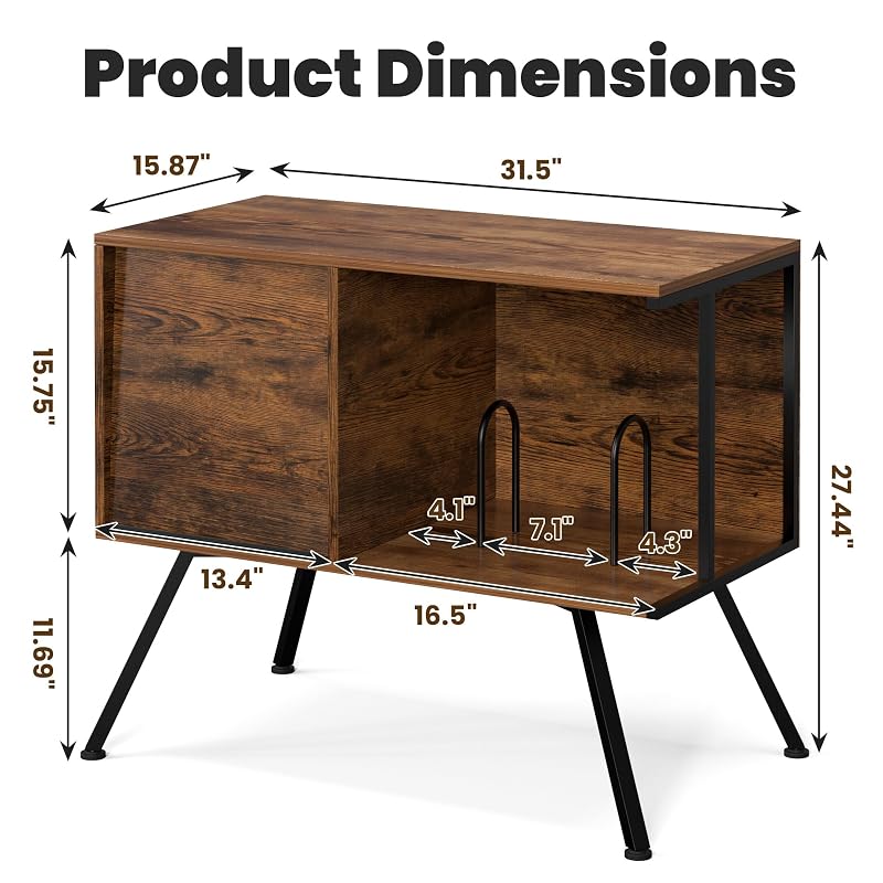 Flip Top Record Player Stand with 150-Album Capacity, Rustic Brown + 2-Tier (Variation)