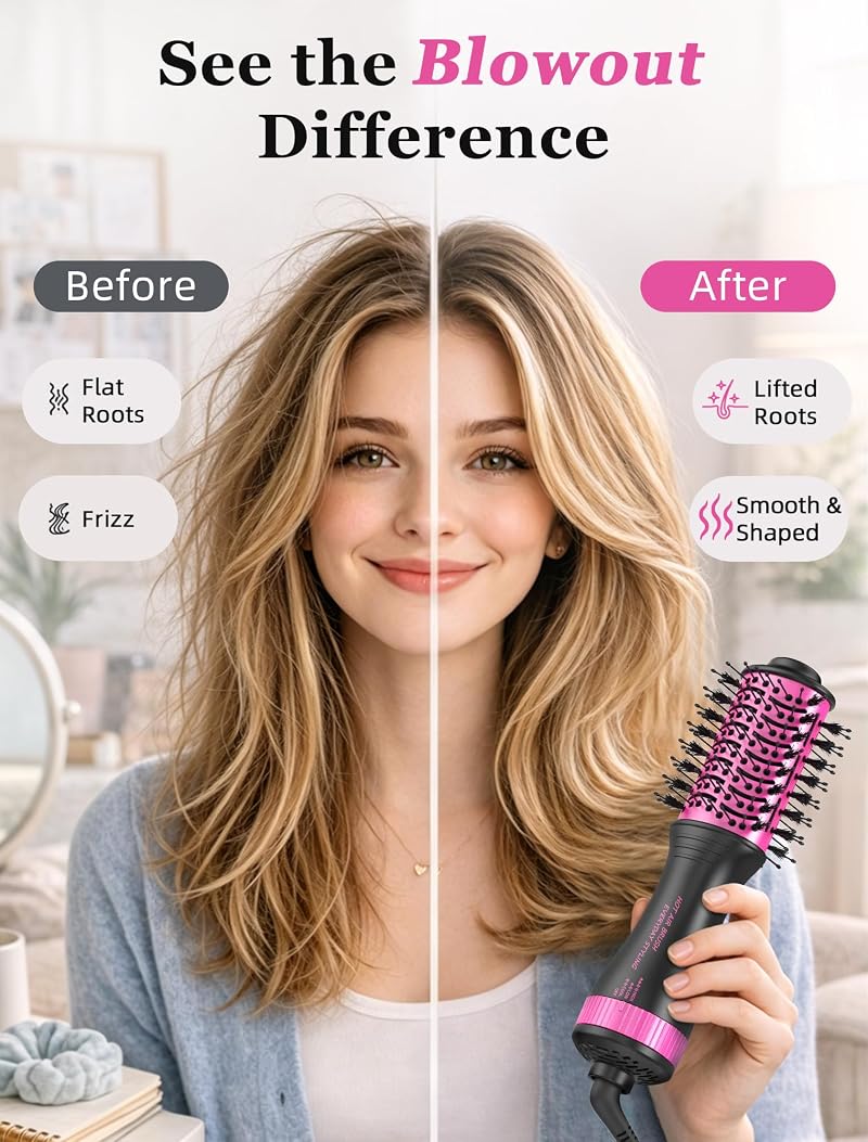 Travel Hair Dryer Brush 2-Inch Oval, Dual Voltage - Black & Pink (Variation: Black&Pink)
