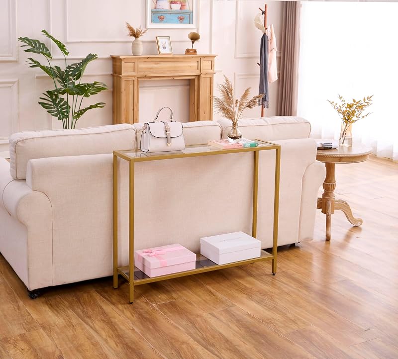 Gold Double-Layer Tempered Glass Console Table with Metal Frame - Small Modern Sofa Table