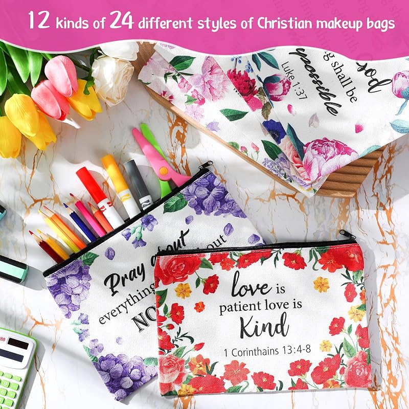 Florals Bible Verse Cosmetic Bag, 12 Styles - 9.5 x 6.7 Inches, Canvas with Zipper