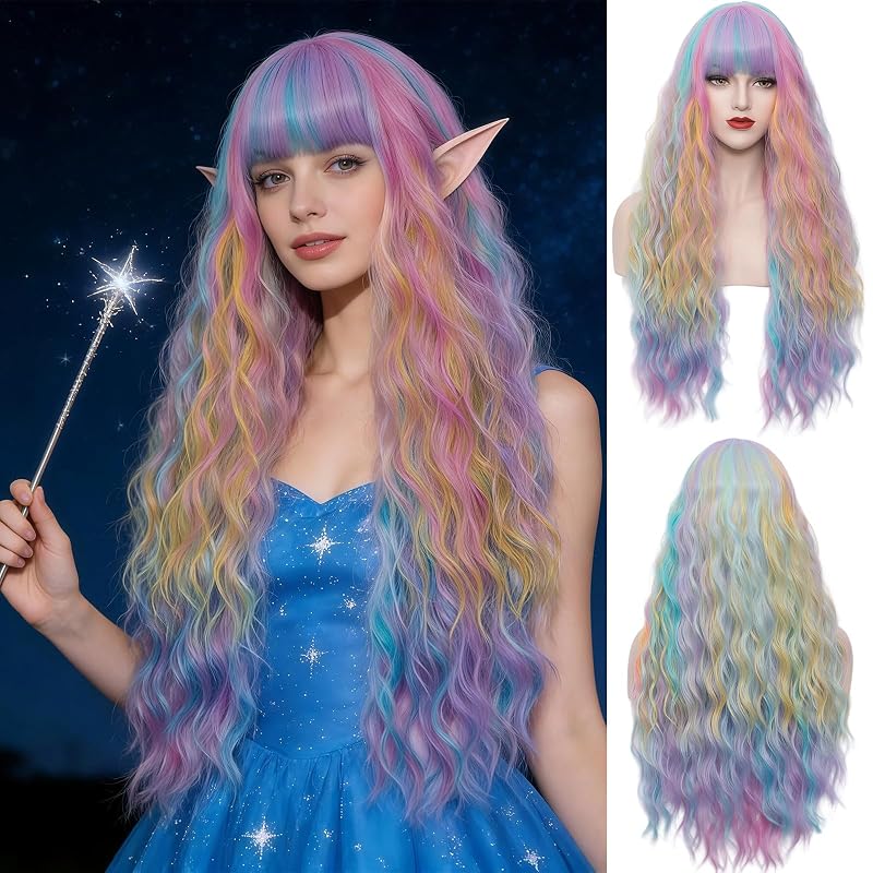 Variation of THIS listing: Multi Color Rainbow - 27'' Curly Wavy Wig with Flat Bangs for Women