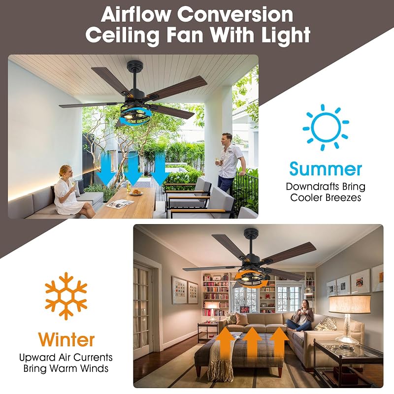 52 Inch Farmhouse Ceiling Fan with Light - Maple/Black, 6-Speed DC, Remote