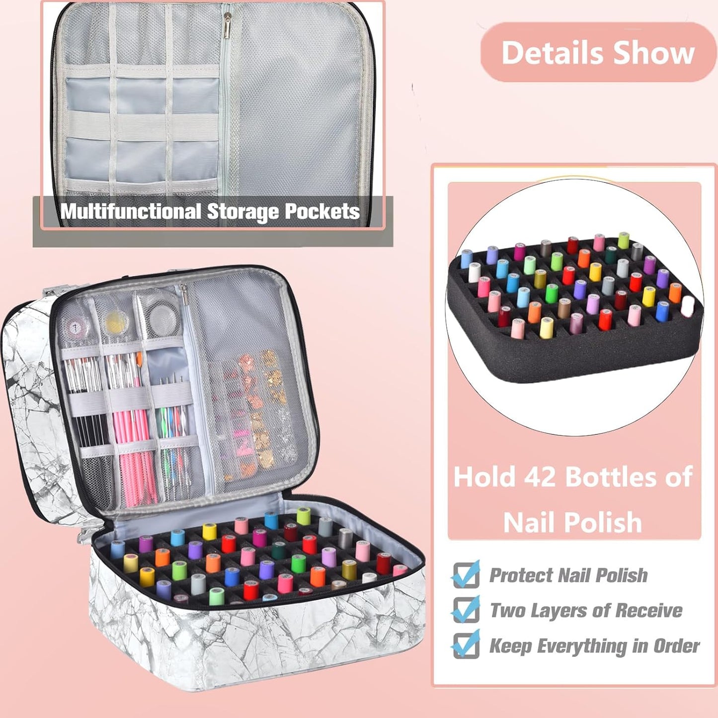 Nail Polish Organizer Bag with Travel Case for 30+ Bottles & Nail Lamp - Purple