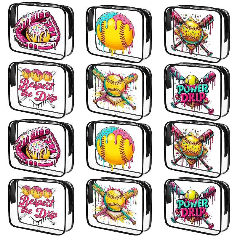 Softball Ice Cream Drip Makeup Bags (12 Pcs) - PVC Clear Cosmetic Bags with Zipper, 7.09 x 5.51 x 1.77 in - Variation: Softball