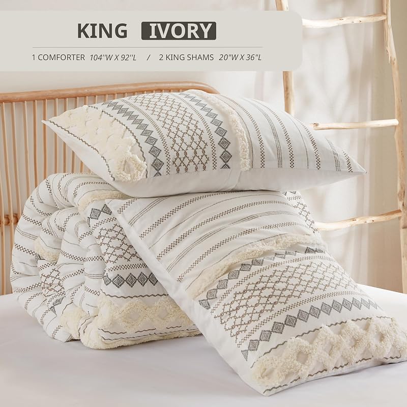 Imani King/Cal King Comforter Set for Bed – Ivory 3pc Cotton Chenille Tufted Boho, All-Season