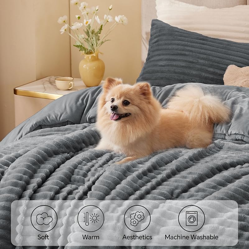 BEDELITE Grey King Comforter Set with Faux Fur, Micro-Mink & Flannel Reversible