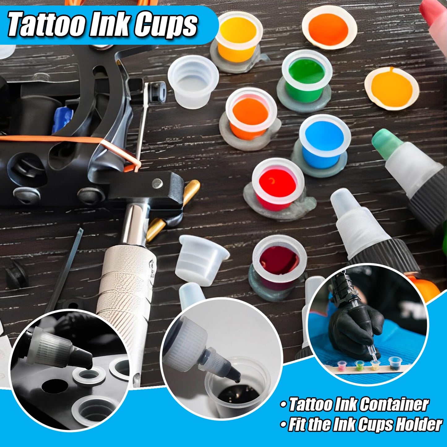 YONGDA 300pcs Disposable Tattoo Ink Cups (8mm/11mm/15mm) + 2 Black Ink Caps Holders + 100 Black Nitrile Gloves, Complete Tattoo Supplies Kit for Artists & Studio