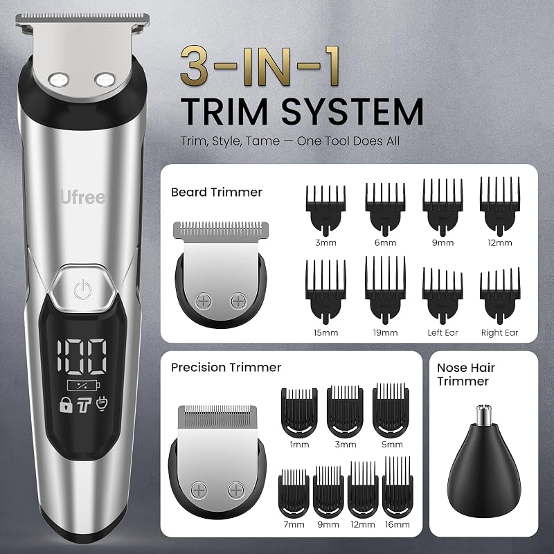 Ufree 3-in-1 Beard Trimmer for Men - Silver, IPX6 Waterproof, 8,000 RPM