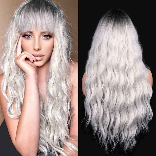 FAVE Ombre Grey Wig with Bangs Long Wavy Wigs for Women 28 Inches Middle Part Silver Wigs Gray White Synthetic Wig for Daily Party Use
