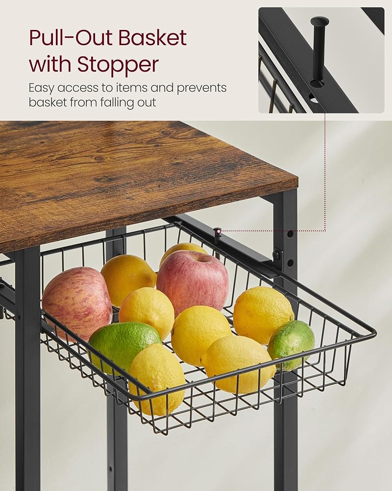 VASAGLE Rustic Brown 35.4W Baker's Rack with Power Outlet, 2 Lower Shelves & 8 Hooks