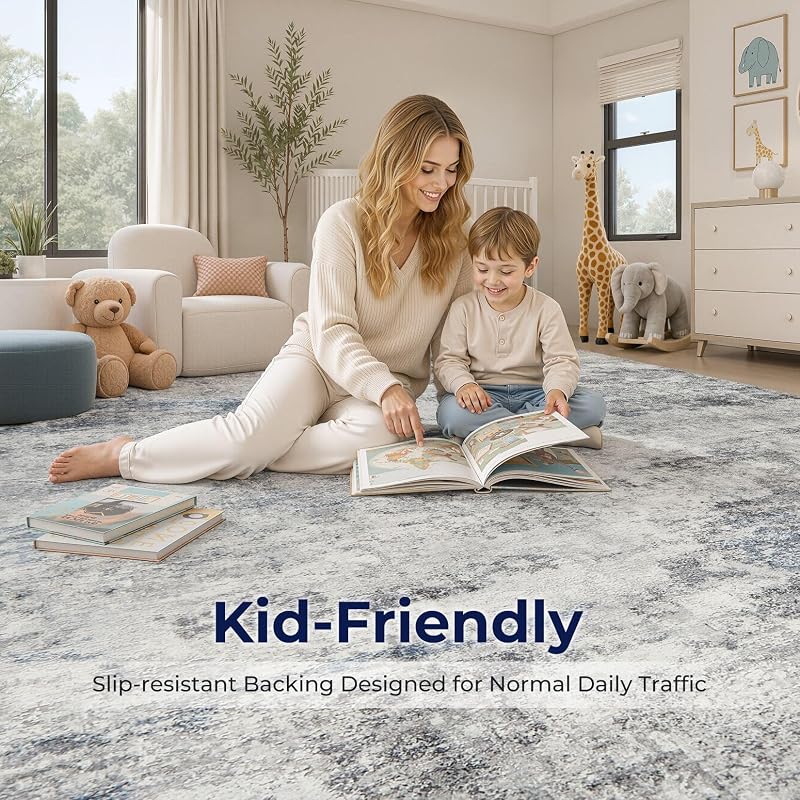 Grey-Blue 9x12 Area Rug - Machine Washable Abstract Living Room Carpet