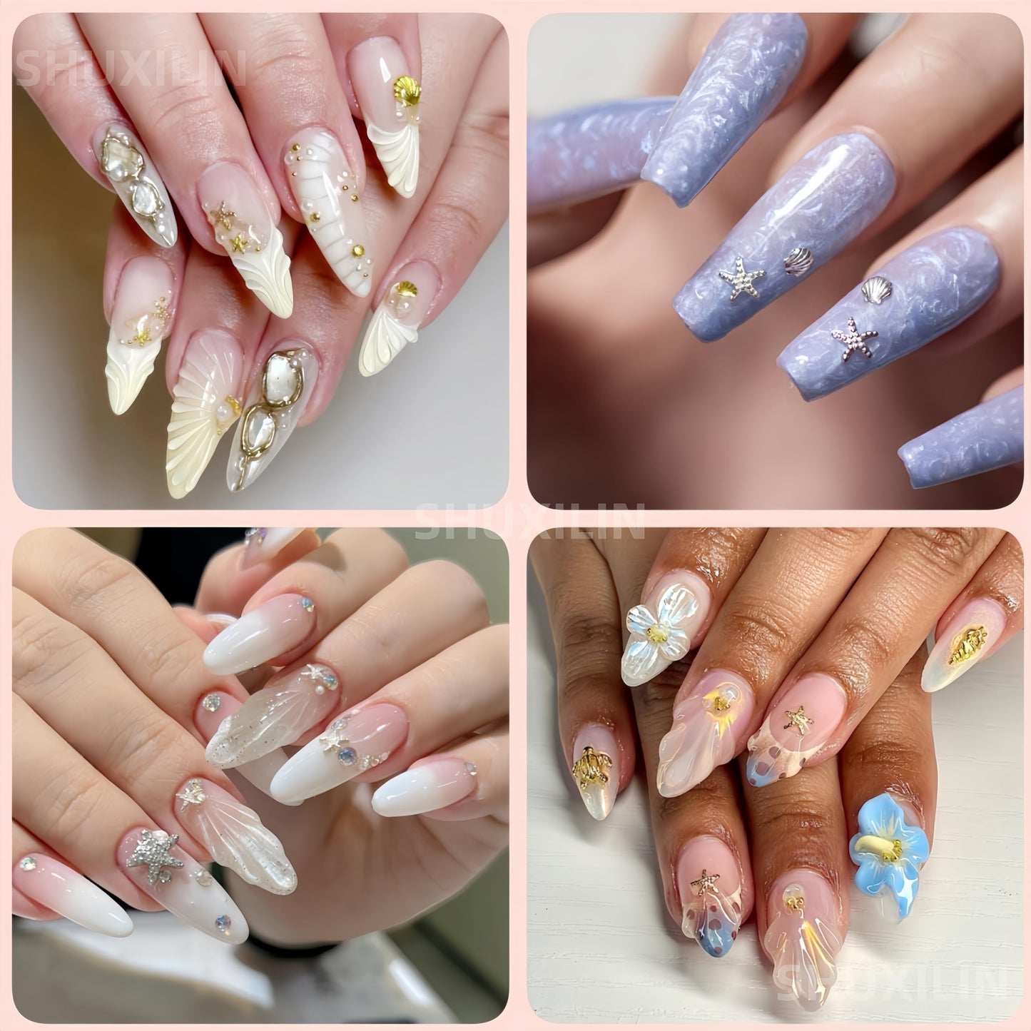 SHUXILIN 600Pcs 3D Metal Nail Charms Mixed Shapes Gold Shell Starfish Conch Alloy Nail Rivets Flat Back Gold Nail Rhinestones Metal Nail Gem Summer Beach Charm for Acrylic Nails for Women Nails Design