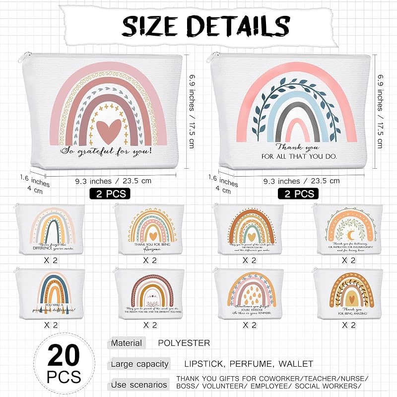 Sieral 20 Pcs Rainbow Canvas Makeup Bags Zipper Gift Set – Variation: Rainbow