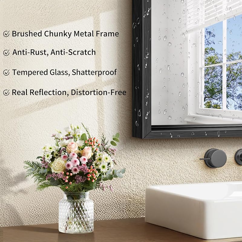 Circumi 30x42 Inch Brushed Black Rectangle Wall Mirror – Chunky Frame, Shatterproof Glass