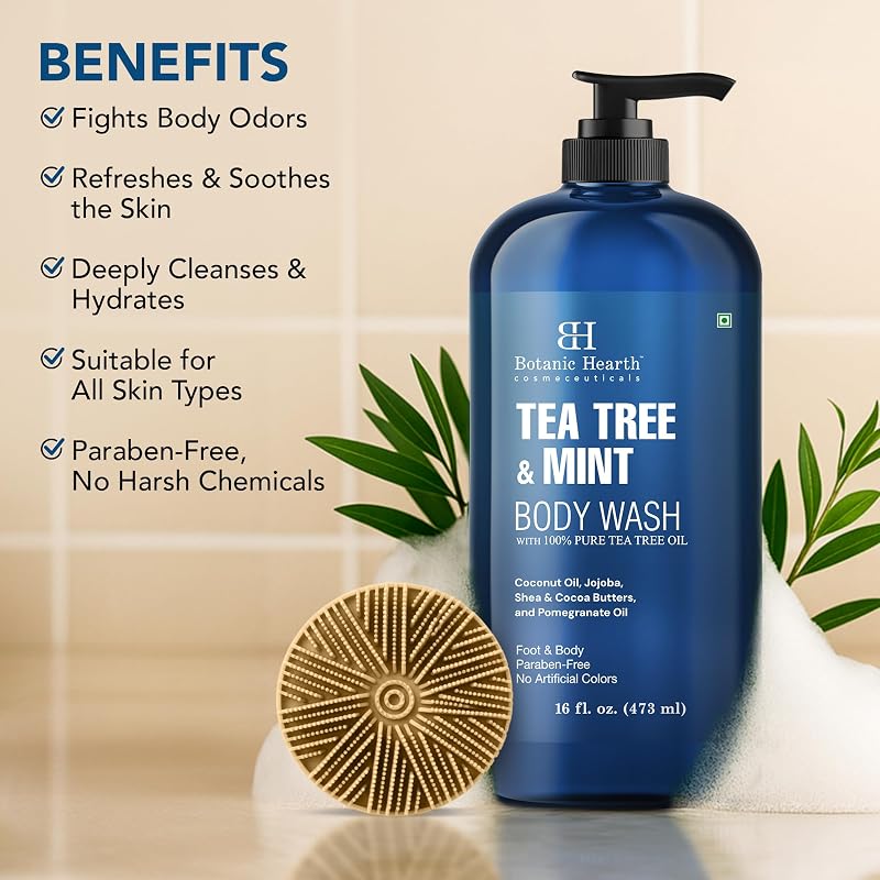 Tea Tree & Mint Body Wash with Silicone Body Brush – 16 fl oz, Botanic Hearth