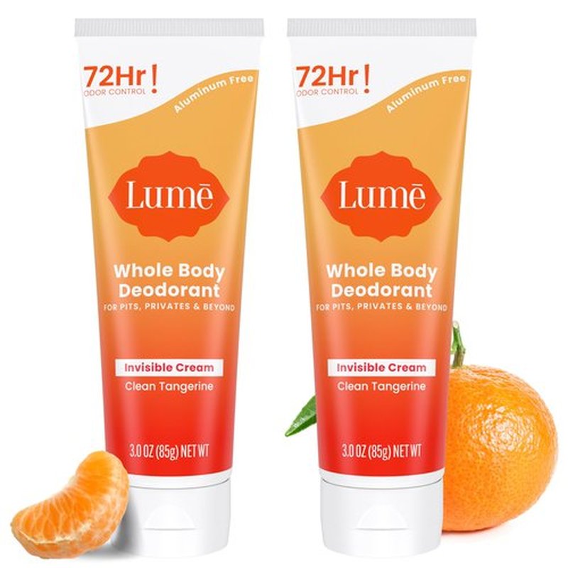Lume Whole Body Deodorant - Invisible Cream Tube - 72 Hour Odor Control - Aluminum Free, Baking Soda Free, Skin Safe - 3.0 ounce (Pack of 2) (Clean Tangerine)