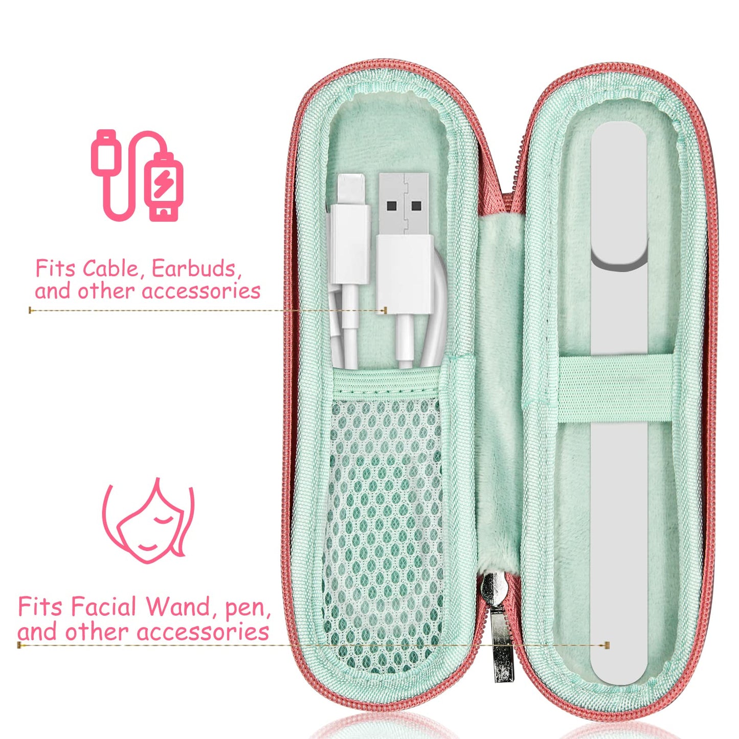Portable Hard Carrying Case for Solowave 4 in 1 facial wand, Solawave wand for face Protective Bag Storing USB Cable, Hard Case Facial Wand with Zipper and Hanging Rope (Pink)