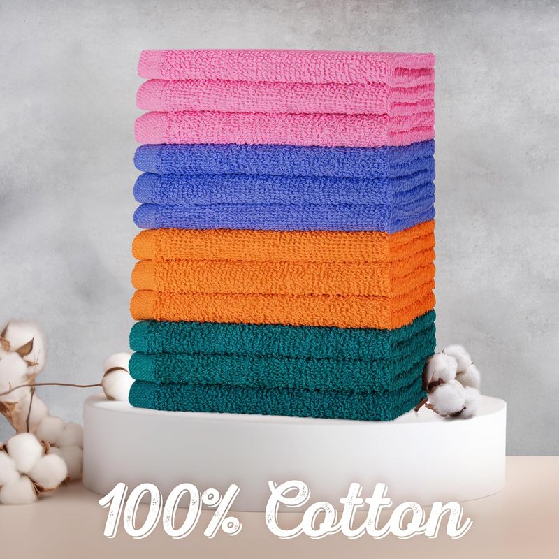 DecorRack 10 Pack 100% Cotton Wash Cloth, Luxurious Soft, 12 x 12 inch Ultra Absorbent, Machine Washable Washcloths, Assorted Colors (10 Pack)