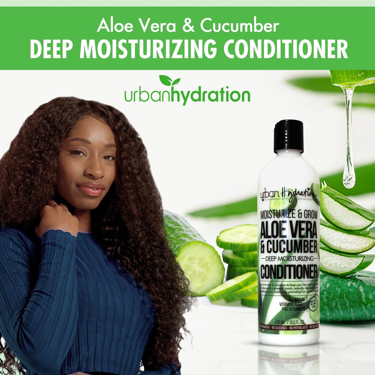 Urban Hydration Hydrate and Grow Aloe Vera & Cucumber Moisturizing Conditioner, Promotes Hair Growth and Hydration - Silicone, Paraben and Sulfate Free - 13.5 FL Oz