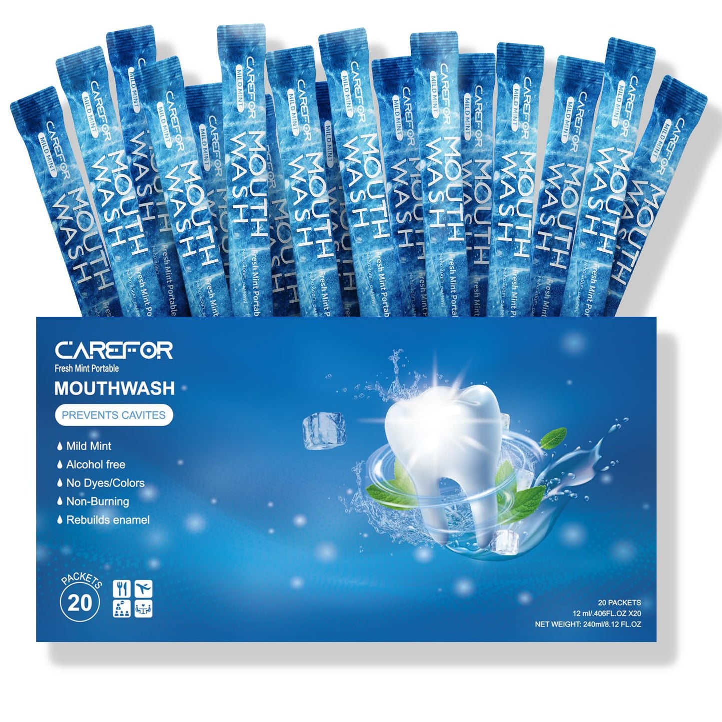 Mouthwash Travel Size, Portable Fresh Breath Mouthwash, Alcohol-Free, ICY Mint Flavor, Mini Pack – Go for On-The-Go Freshness, Bulk Packets 0.41 Fl Oz(Pack of 20)