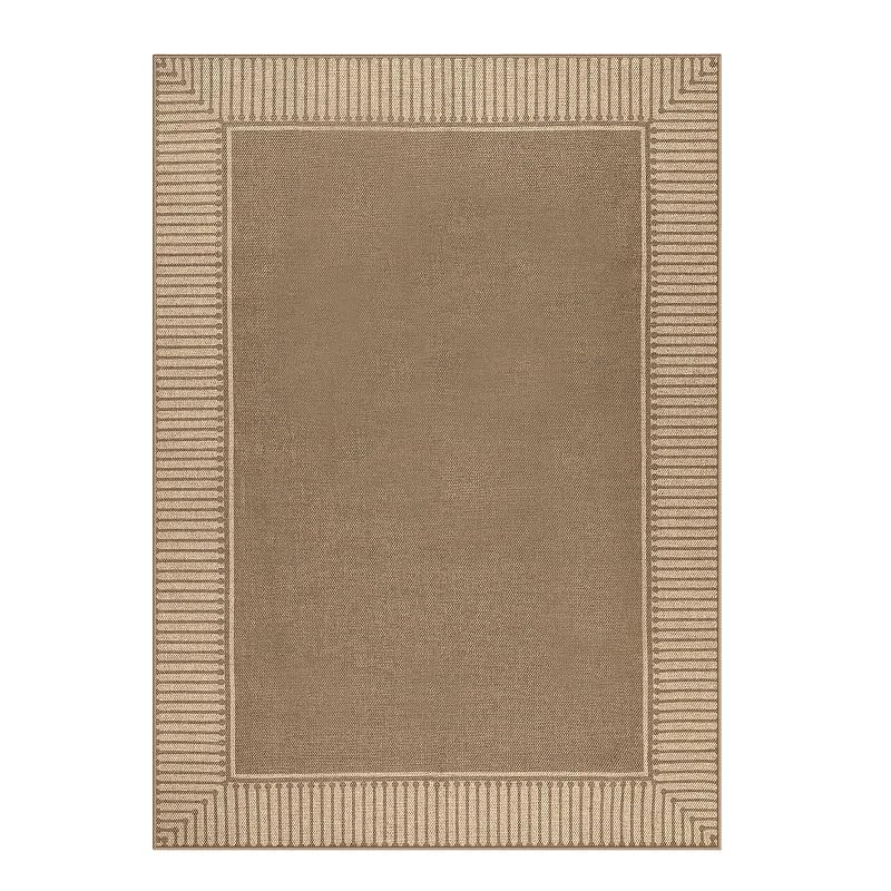 Brown 5' x 7' Jute-Inspired Indoor/Outdoor Rug - Striped Border, Non-Slip Backing