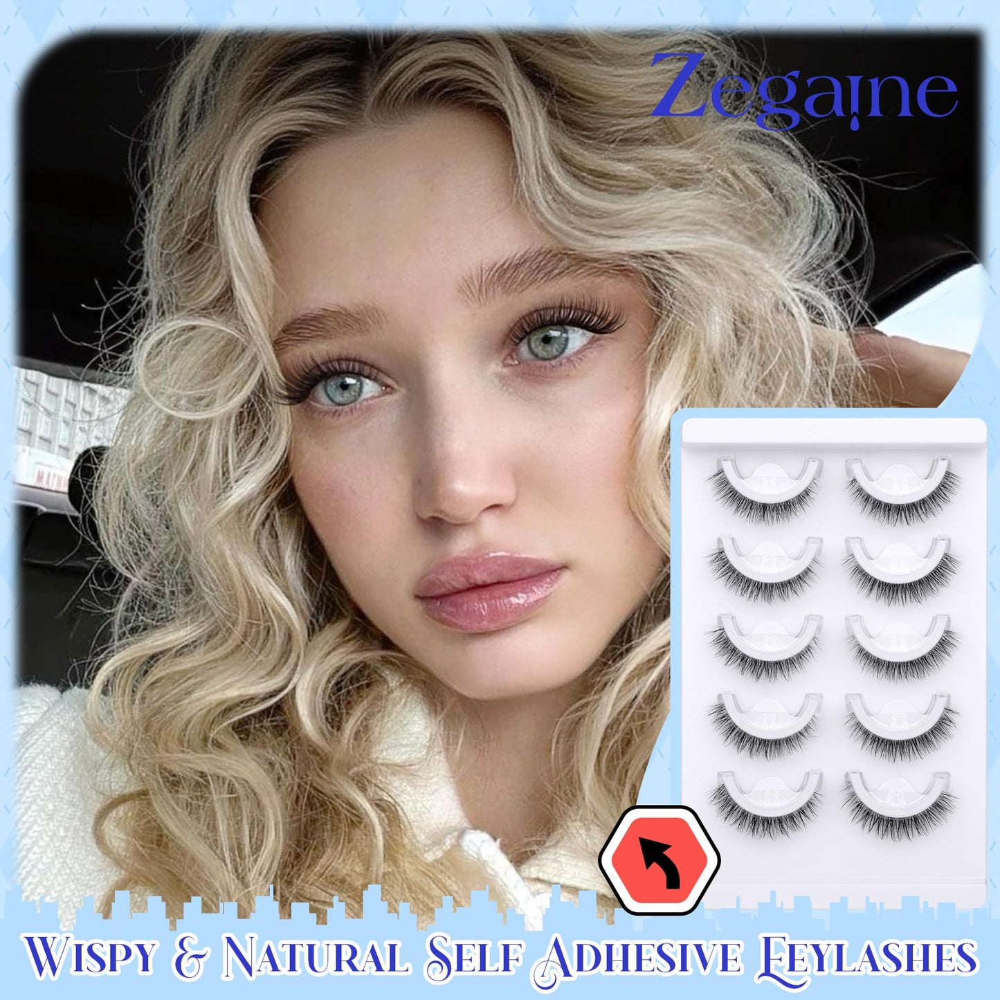 Natural Self Adhesive Eyelashes Cat Eye Lashes Natural Look Wispy Self Adhesive Lashes Clear Band Reusable 8-10MM Short Pre Glued Lashes No Glued Needed Natural Stick On Lashes 5 Pairs by Zegaine