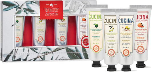 Fruits & Passion [Cucina] Regenerating Hand Cream Gift Set, (Pack of 4) | Classic Collection | Luxury Olive Oil Hand Moisturizer, Travel Size Lotion for Dry Cracked Skin