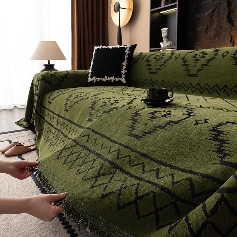 Bohemian Green Couch Cover for 3 Cushion Sofa, Non-Slip Chenille Protector 71"x150" - 3-4 Seater, 71x150, Variation: Boho:green+71" X 150"