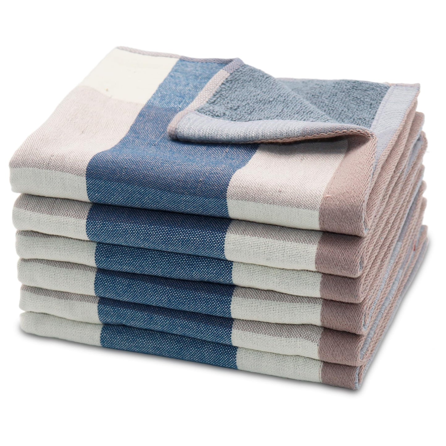 kimteny 6 Pack 100% Cotton Washcloths, Dual-Sided Design (Terry + Gauze) Facecloths, 13x13 Inch Ginghqm Washrags, Soft & Skin-Friendly, for Bathroom, Kitchen & Household (Blue, 13x13 Inches)