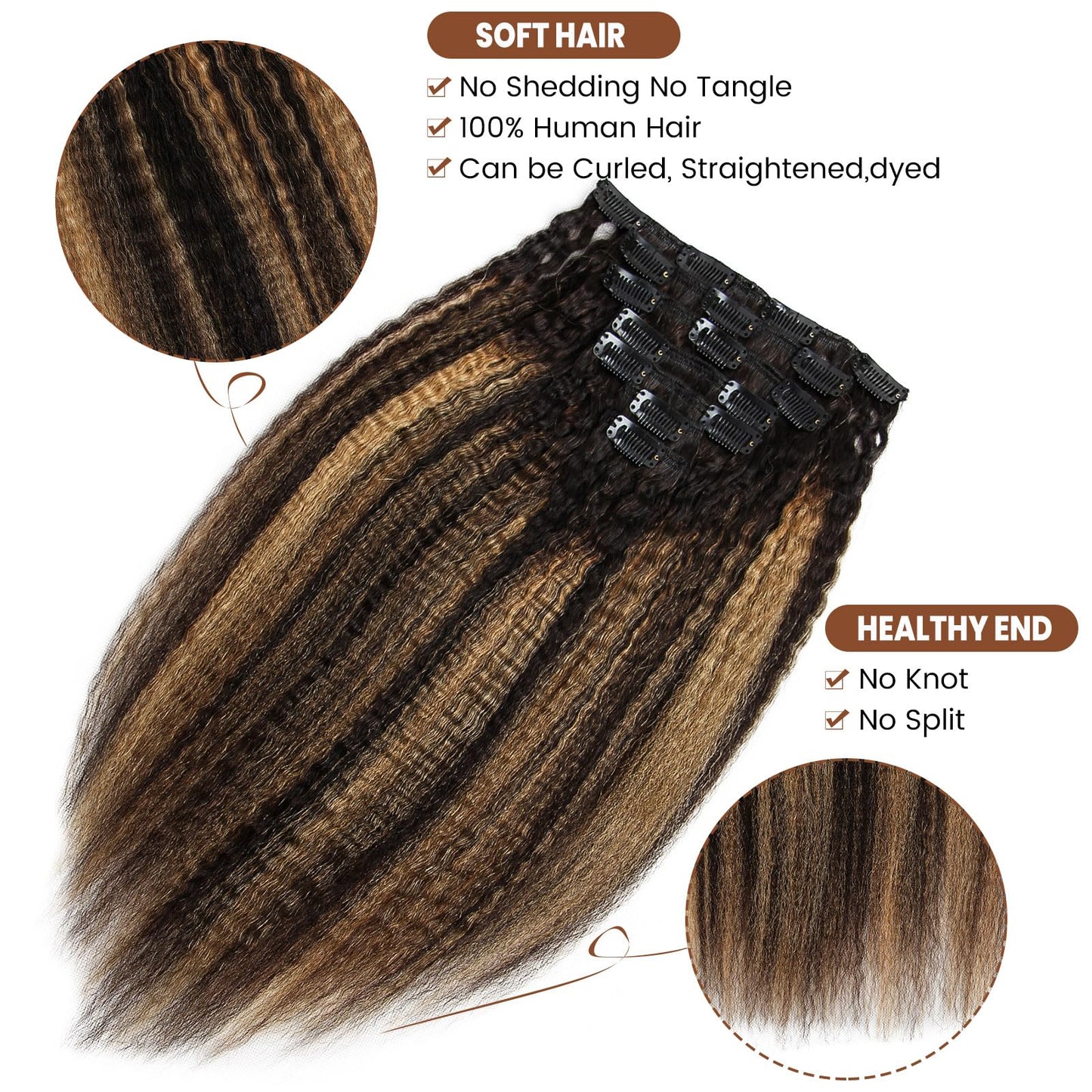 Boyusijf Kinky Straight Clip-in Hair Extensions - 100% Real Human Hair, 7Pcs, 100g Seamless, TP1B/27, 12 Inch for Black Women